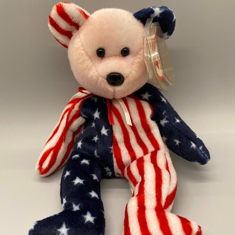 Ty Beanie Babies 1999 Red Face Spangle Patriotic Bear Stuffed Plush Toy
